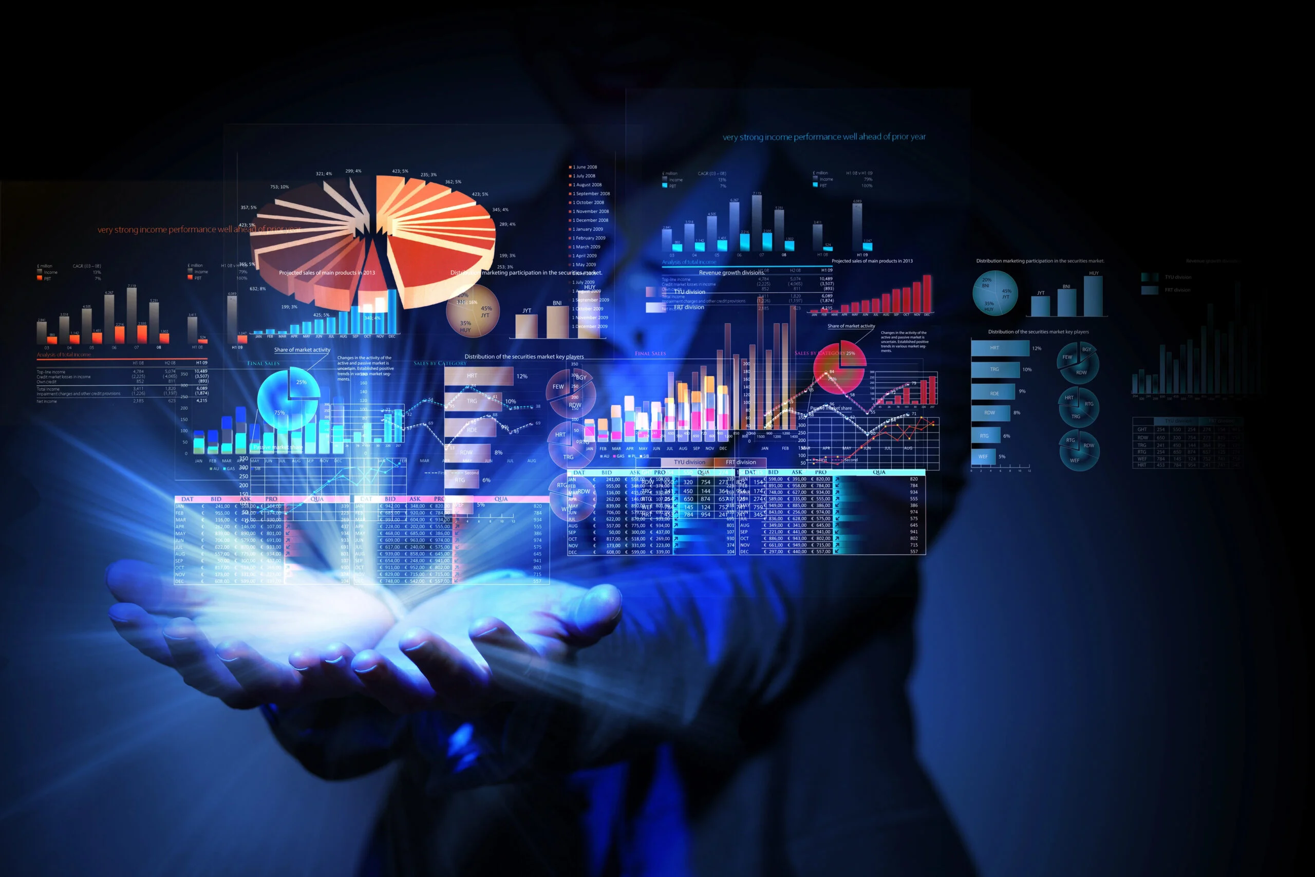man holding out his hand with data management symbols hovering over his hand